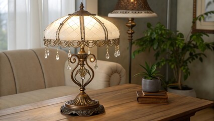 Elegant vintage table lamp with ornate base and crystal accents on a wooden table
