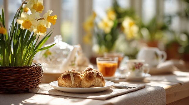 Cozy Breakfast Table with Freshly Baked Scones and Blooming Flowers in Sunlit Room