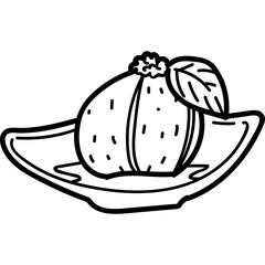 Simple line art of a plump fruit with a leaf resting on a small curved plate against a pure white background