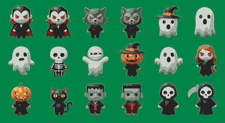 Obraz premium A vibrant collection of adorable pixel art Halloween characters, featuring iconic spooky figures like vampires, ghosts, and pumpkins, perfect for holiday projects.