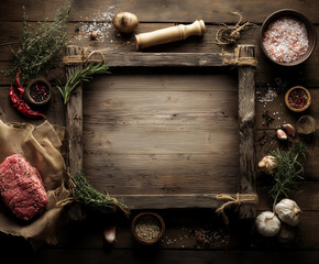 Raw beef steak with herbs and spices on rustic wooden background