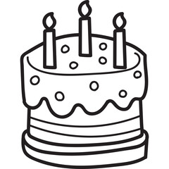 Simple Line Drawing Celebration Cake With Three Lit Candles And Polka Dot Decorations On A Transparent Background