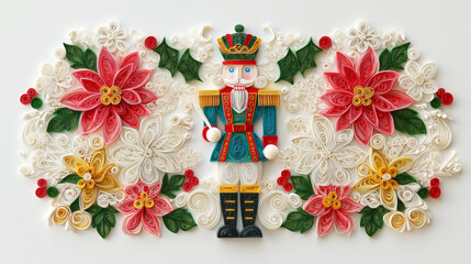 Paper quilling nutcracker with festive poinsettias and holly