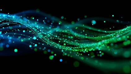 Abstract flowing luminous particles and light trails creating a dynamic wave of blue and green energy isolated on transparent background