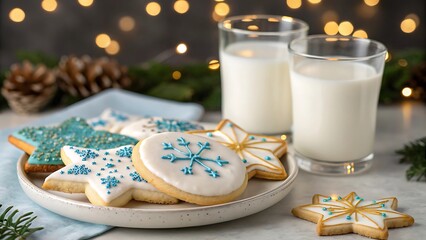 Festive christmas star shaped cookies with milk and bokeh lights background