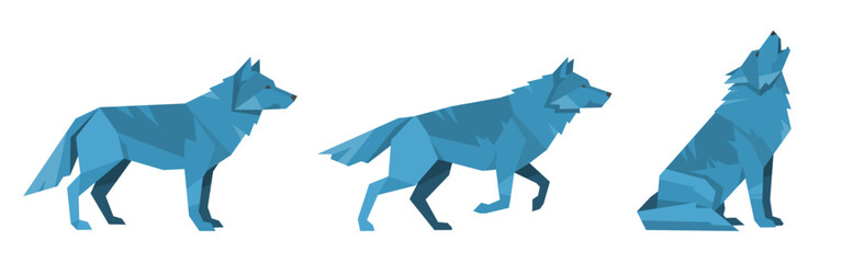 geometric origami blue wolf  set - vector illustrations
