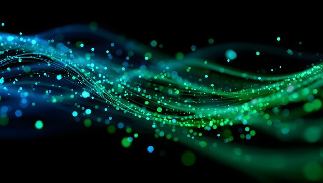 Abstract flowing luminous particles and light trails creating a dynamic wave of blue and green energy isolated on transparent background - Powered by Adobe