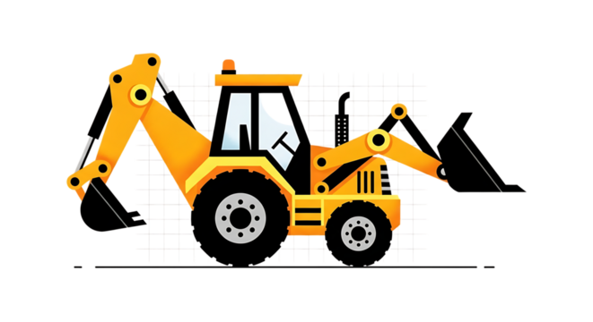 Illustration of yellow backhoe loader construction vehicle isolated on transparent background on transparent background