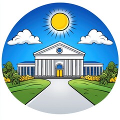 Sunny Day Illustration of a Classical White Building with Palm Trees