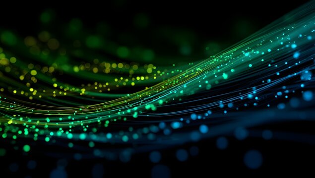 Abstract flowing luminous particles and light trails creating a dynamic wave of vibrant green and blue energy isolated on transparent background