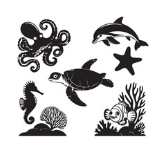 Ocean Creatures Black Silhouettes