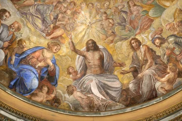 Schilderijen op glas Jezus Christus SALERNO, ITALY - OCTOBER 6, 2025: The detail of baroque fresco of “Paradiso Salernitano” -  Glory of Holy Trinity among the saints in the church Chiesa di San Giorgio by Angelo Solimena (1674‑1675)   © Renáta Sedmáková