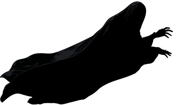 A shadowy figure in flowing dark robes with outstretched, claw-like hands