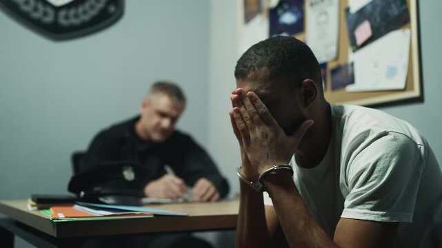 Handcuffed suspect holding head during interrogation, feeling guilt and fear