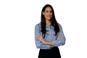 Confident young businesswoman smiling with crossed arms on transparent background, portraying success and professionalism