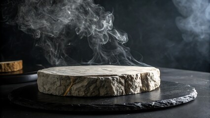 Steaming round of artisanal cheese on a dark slate surface with dramatic lighting