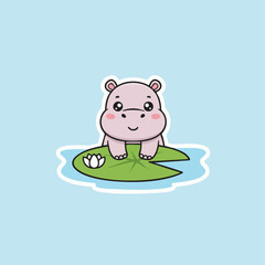 A cute lovely hippo floating on the water cartoon illustration 