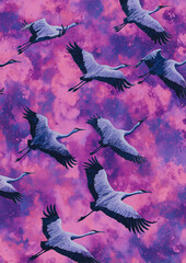 Painting of a group of crane birds on a pink and purple canvas