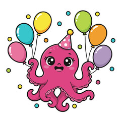 A cute lovely happy octopus cartoon character illustration celebrating birthday  © WealthyMinion