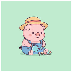 A super cute lovely happy pig farmer cartoon character planing flowers