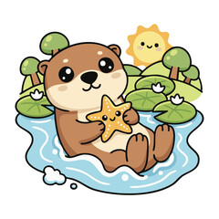 A cute adorable lovely happy otter holding a sea star happily 