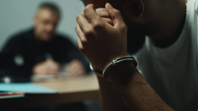Close-up of arrested man giving statement to police officer during interrogation