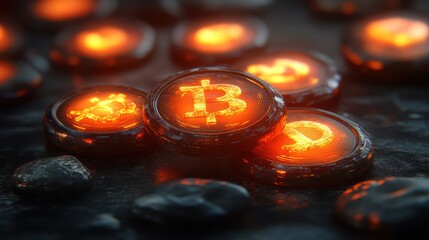 Glowing cryptocurrency symbols on dark stones