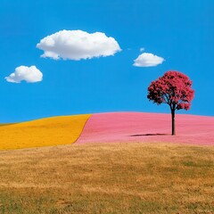 Vibrant Pink Tree on a Bi Colored Hill Under a Bright Blue Sky