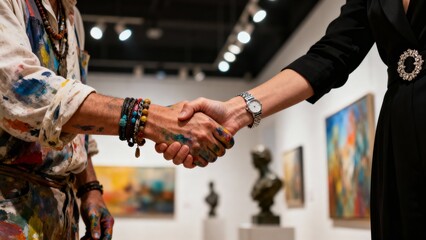 Artist Gallery Handshake Collector Art Deal Exhibition Contract Sale Creative Partnership Success