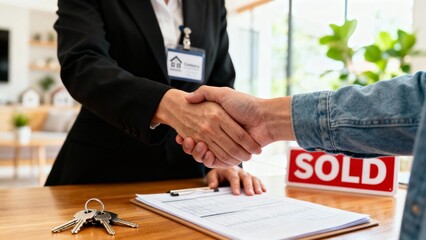Real Estate Agent Handshake Client Home Sold Agreement Closing Deal Purchase Contract Partnership