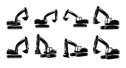 Illustration of set of black excavator silhouettes showing different angles and positions isolated on transparent background on transparent background