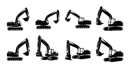 Illustration of set of black excavator silhouettes showing different angles and positions isolated on transparent background on transparent background
