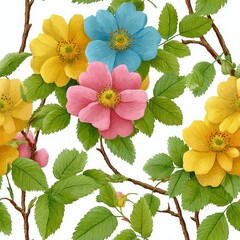 Vibrant Pink Yellow and Blue Roses Seamless Pattern