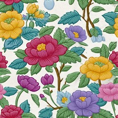 Vibrant Pink Yellow Purple Peonies Floral Pattern on Off White