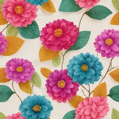 Vibrant Pink Purple Teal Flowers Seamless Pattern Gold Leaves Beige