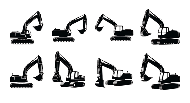 Illustration of set of black excavator silhouettes showing different angles and positions isolated on transparent background on transparent background