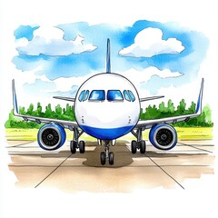 Watercolor Airplane Illustration Runway View Blue White Fuselage