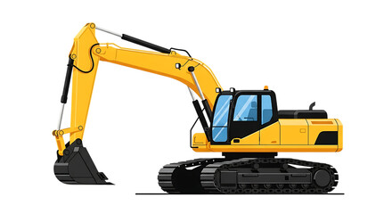 Illustration of yellow excavator tracked construction vehicle isolated on transparent background on transparent background