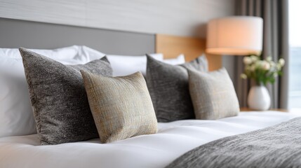 Obraz premium Stylish Bedroom Interior Featuring Decorative Pillows and Soft Lighting for a Cozy Atmosphere