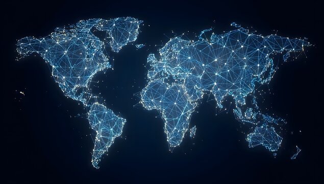 Abstract glowing digital representation of the earth s continents illuminated with bright interconnected lines and nodes isolated on transparent background