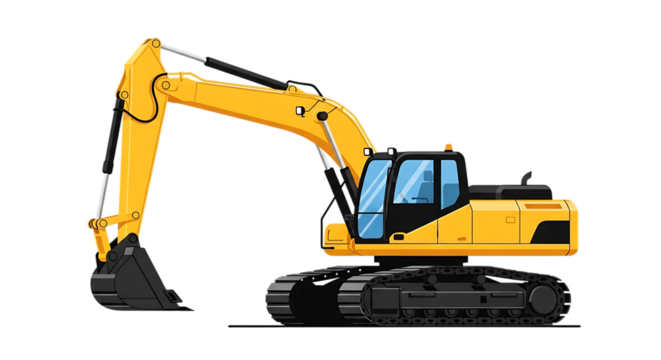Illustration of yellow excavator tracked construction vehicle isolated on transparent background on transparent background