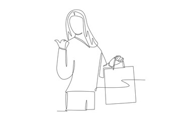 Woman carrying shopping bags. Black friday shopping concept one-line drawing