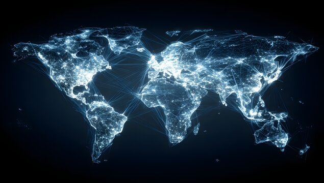 Illuminated global network of lights representing earth s continents and oceans in a digital abstract representation isolated on transparent background