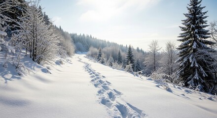 Obraz premium Snowy Winter Landscape with Footprints Through the White Powder Forest and Evergreen Trees