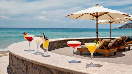 Vibrant tropical cocktails on a curved stone ledge with ocean waves, beach chairs, and umbrellas in the background, capturing the essence of summer relaxation, luxury vacation, beachside refreshment