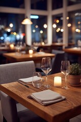 A romantic restaurant table setting at night with a candle and wine glasses creating a cozy atmosphere