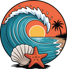 circular beach scene with crashing wave sunset palm tree and starfish