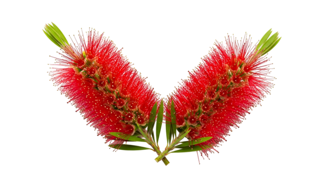Bright Red Bottlebrush Flowering Plant with Green Leaves on Transparent Background