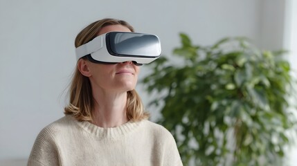 A woman wearing a virtual reality headset is engrossed in an immersive experience indoors with a plant visible in the background