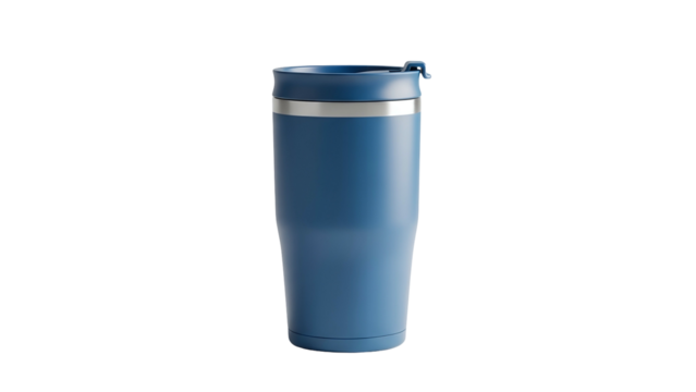 Blue Travel Mug with Silver Ring on Transparent Background
